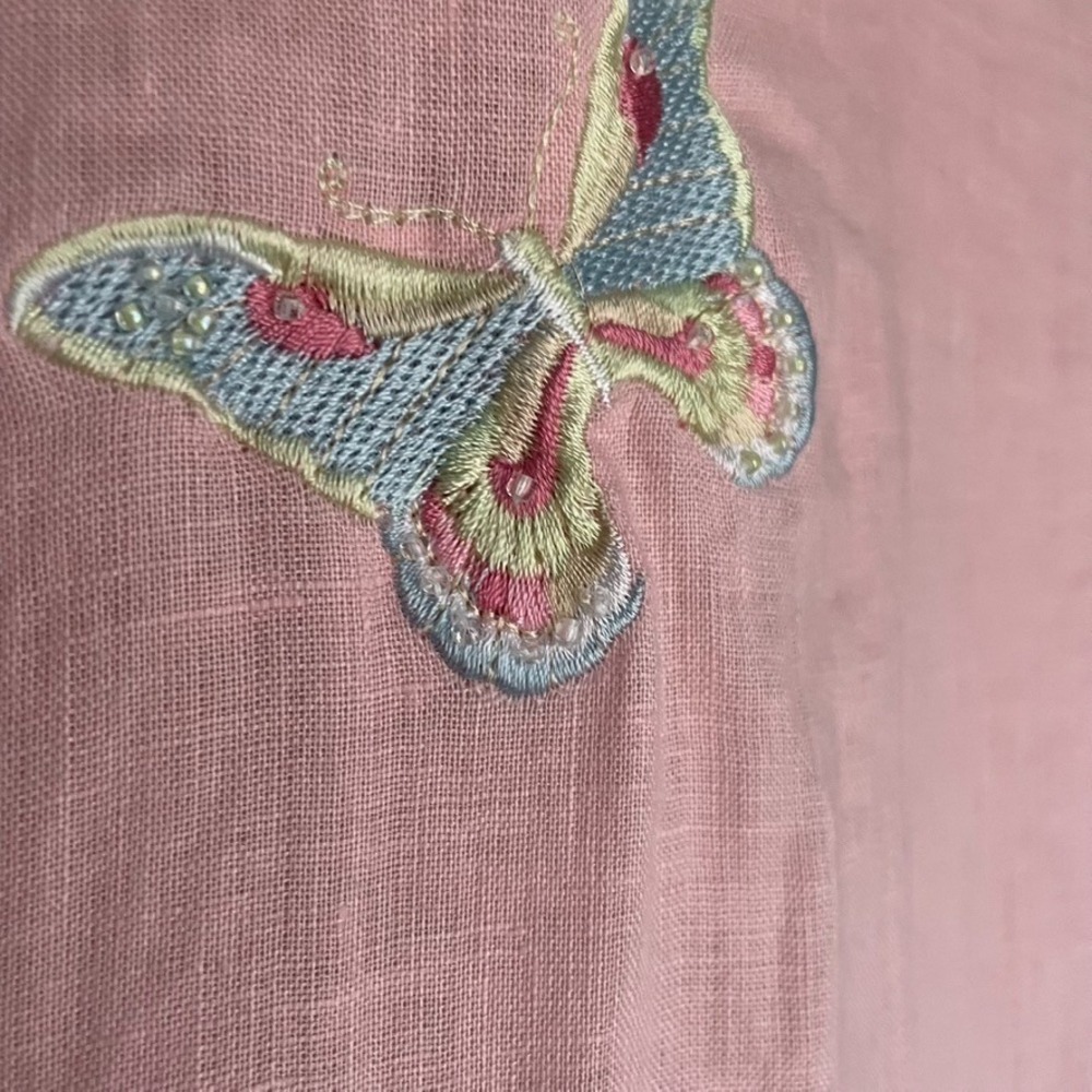 Alexandra Bartlett Linen Tunic Top Pink Embroidered Butterfly Resort Boho L - Picture 9 of 9